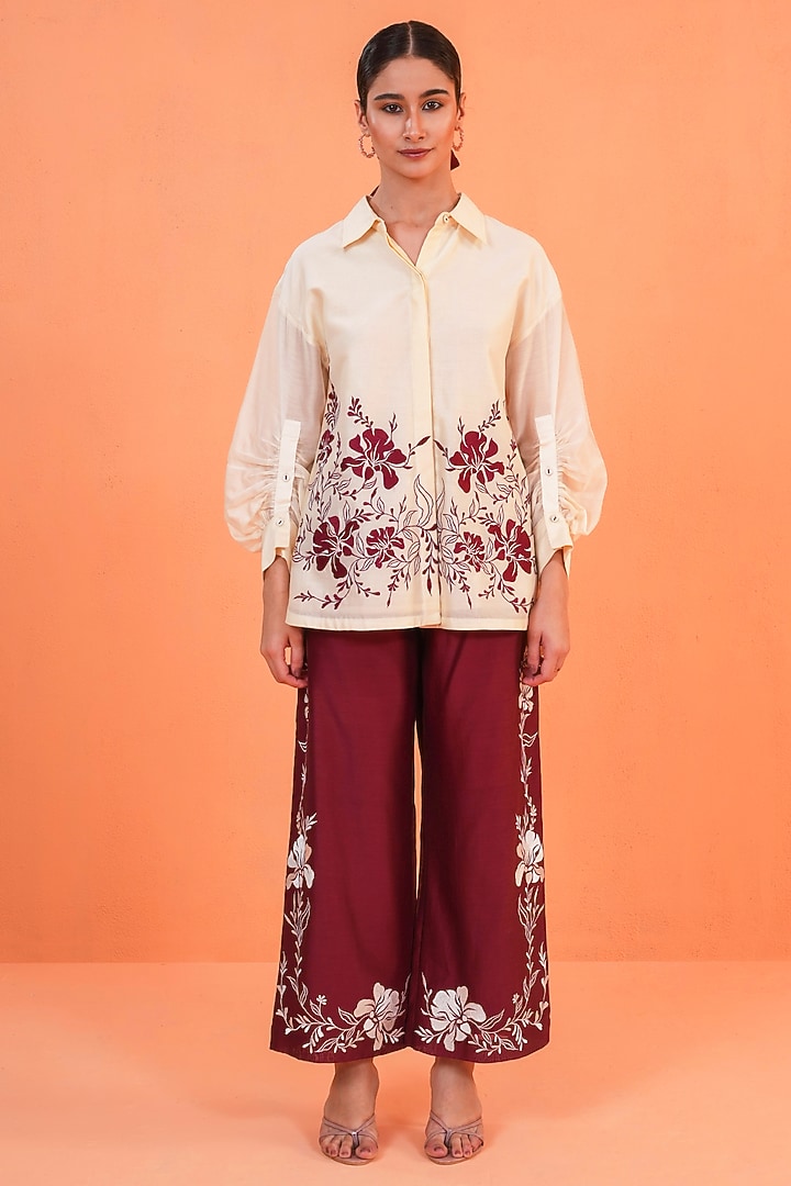 Ivory & Maroon Chanderi Silk Thread Embroidered Co-Ord Set by ORIGANI at Pernia's Pop Up Shop