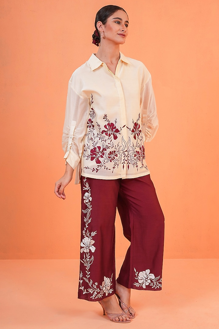 Ivory & Maroon Chanderi Silk Thread Embroidered Co-Ord Set by ORIGANI at Pernia's Pop Up Shop