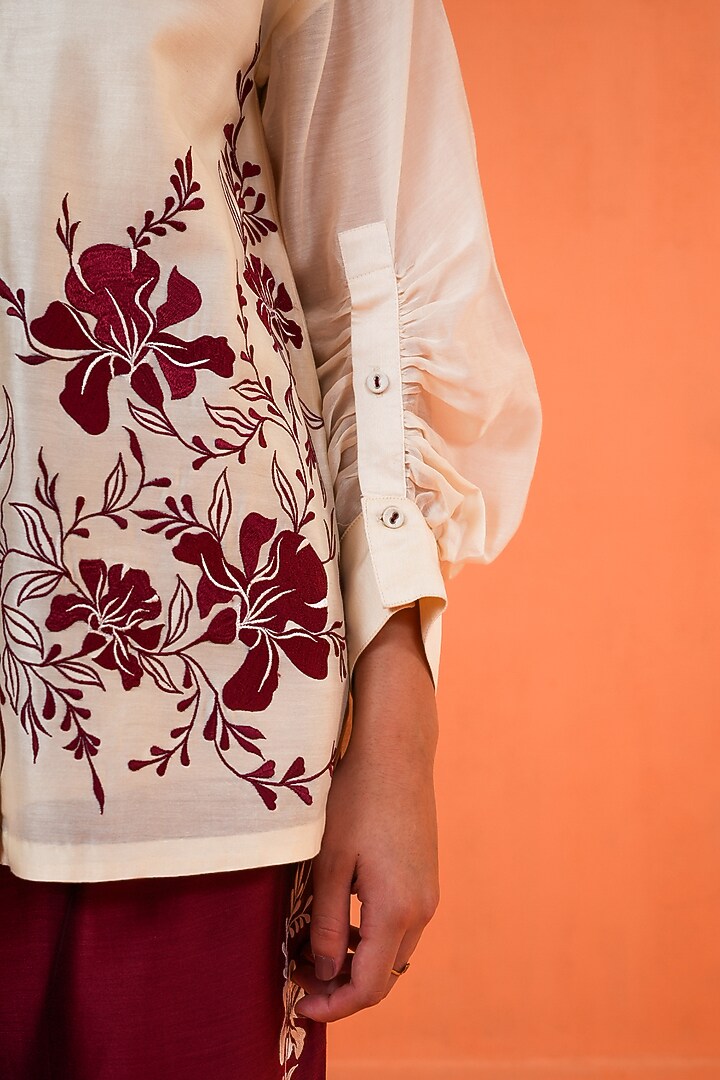 Ivory & Maroon Chanderi Silk Thread Embroidered Co-Ord Set by ORIGANI at Pernia's Pop Up Shop