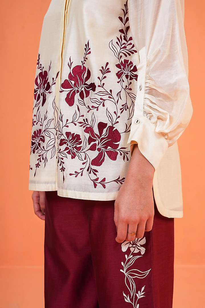 Ivory & Maroon Chanderi Silk Thread Embroidered Co-Ord Set by ORIGANI at Pernia's Pop Up Shop