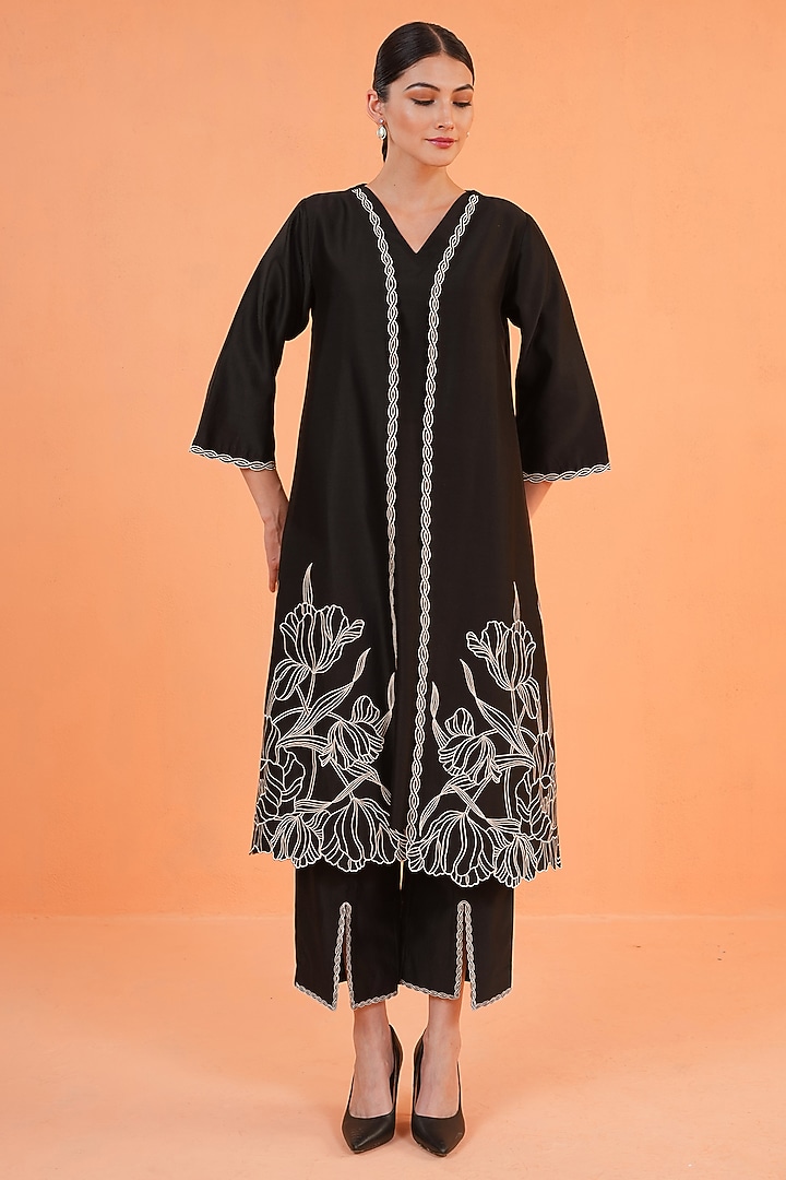 Black Chanderi Silk Embroidered Jacket Set by ORIGANI at Pernia's Pop Up Shop