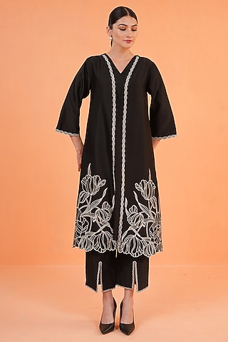 Black Chanderi Silk Embroidered Jacket Set by ORIGANI