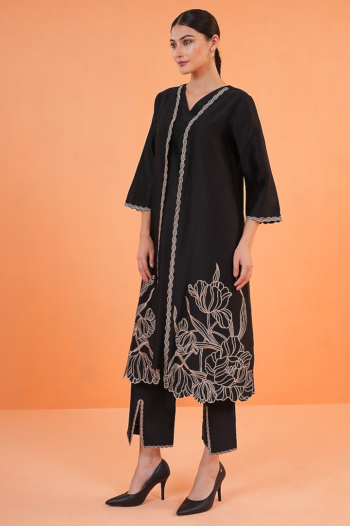 Black Chanderi Silk Embroidered Jacket Set by ORIGANI at Pernia's Pop Up Shop