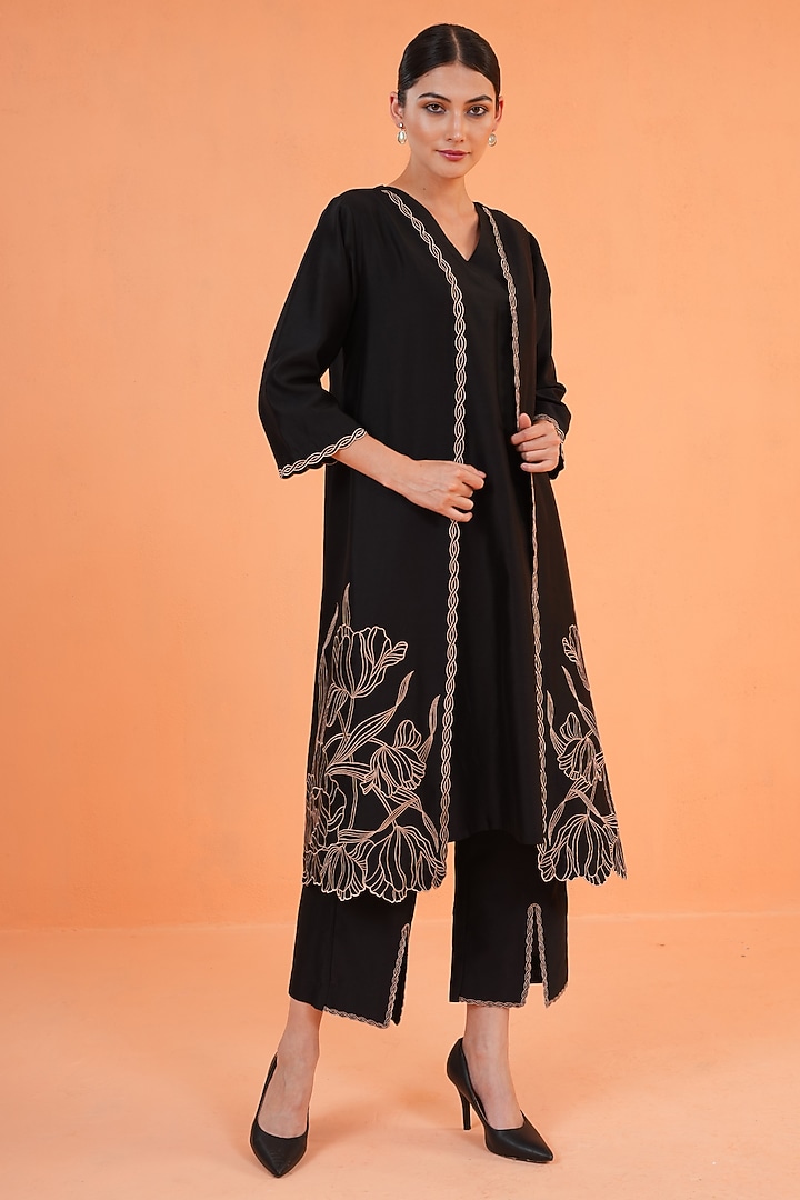 Black Chanderi Silk Embroidered Jacket Set by ORIGANI at Pernia's Pop Up Shop