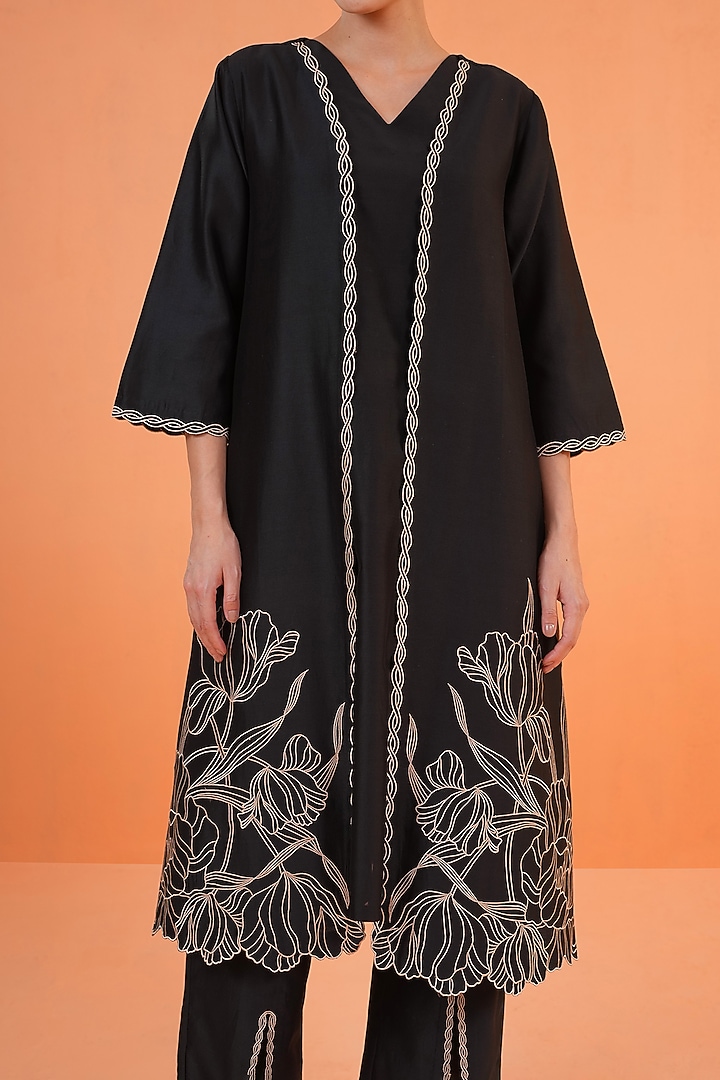 Black Chanderi Silk Embroidered Jacket Set by ORIGANI at Pernia's Pop Up Shop