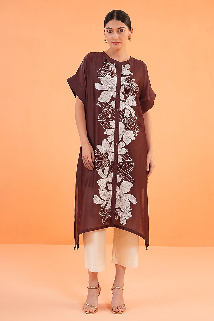 Brown & Ivory Chanderi Silk Embroidered Kurta Set by ORIGANI at Pernia's Pop Up Shop