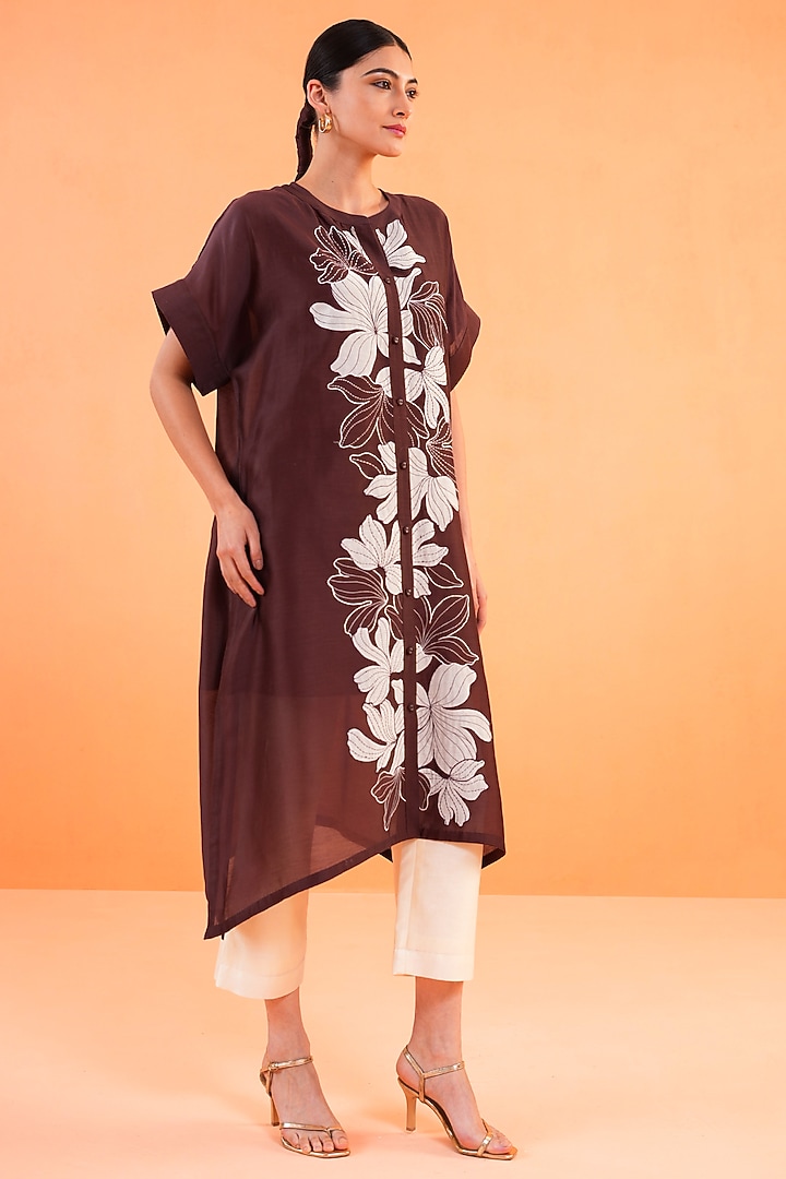 Brown & Ivory Chanderi Silk Embroidered Kurta Set by ORIGANI at Pernia's Pop Up Shop
