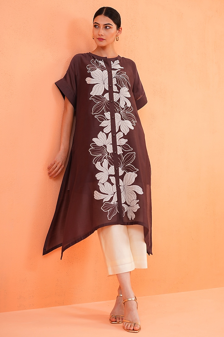 Brown & Ivory Chanderi Silk Embroidered Kurta Set by ORIGANI at Pernia's Pop Up Shop