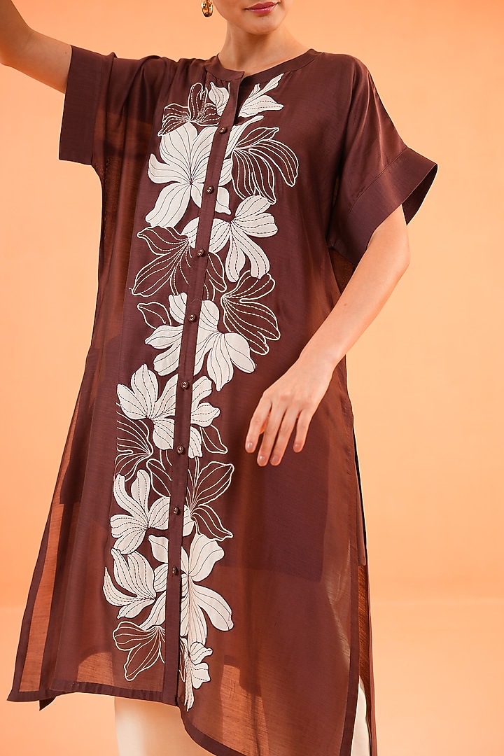 Brown & Ivory Chanderi Silk Embroidered Kurta Set by ORIGANI at Pernia's Pop Up Shop