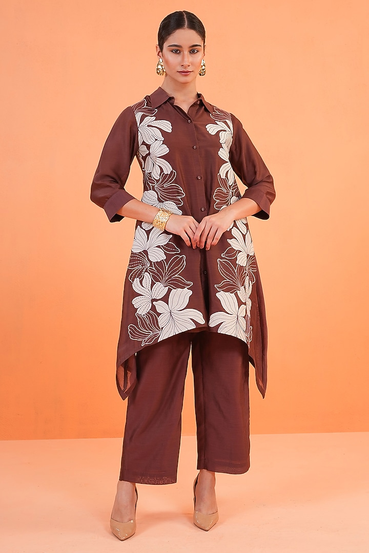 Brown & Ivory Chanderi Silk Embroidered Tunic Set by ORIGANI at Pernia's Pop Up Shop