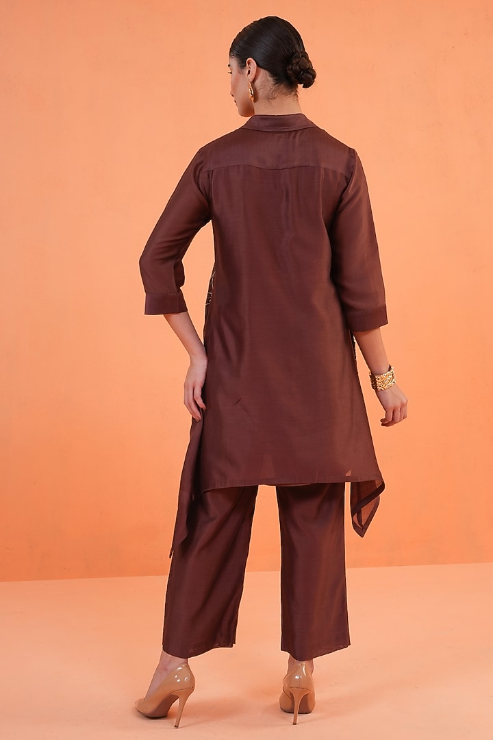 Brown & Ivory Chanderi Silk Embroidered Kurta Set by ORIGANI at Pernia's Pop Up Shop