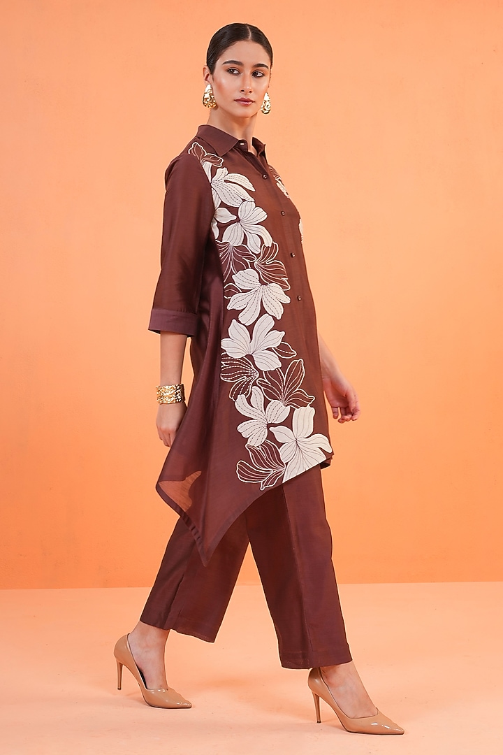 Brown & Ivory Chanderi Silk Embroidered Kurta Set by ORIGANI at Pernia's Pop Up Shop
