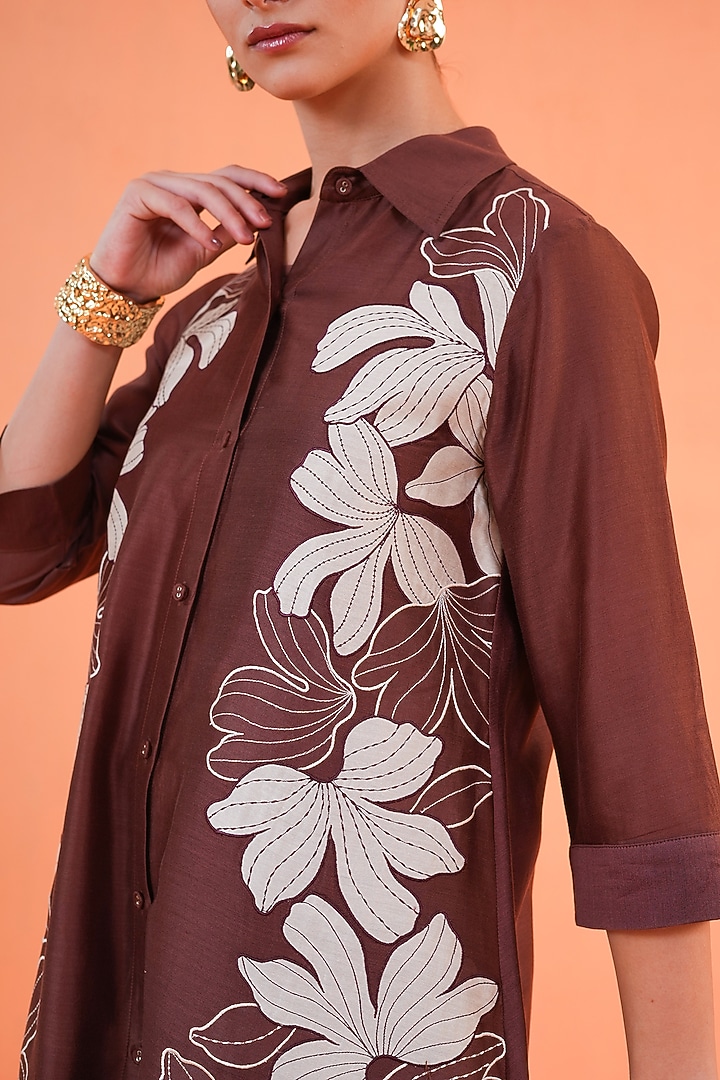 Brown & Ivory Chanderi Silk Embroidered Kurta Set by ORIGANI at Pernia's Pop Up Shop