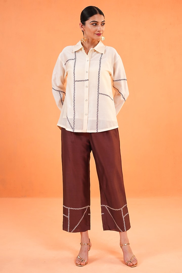 Brown & Ivory Chanderi Silk Embroidered Co-Ord Set by ORIGANI at Pernia's Pop Up Shop