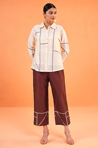 Brown & Ivory Chanderi Silk Embroidered Co-Ord Set by ORIGANI