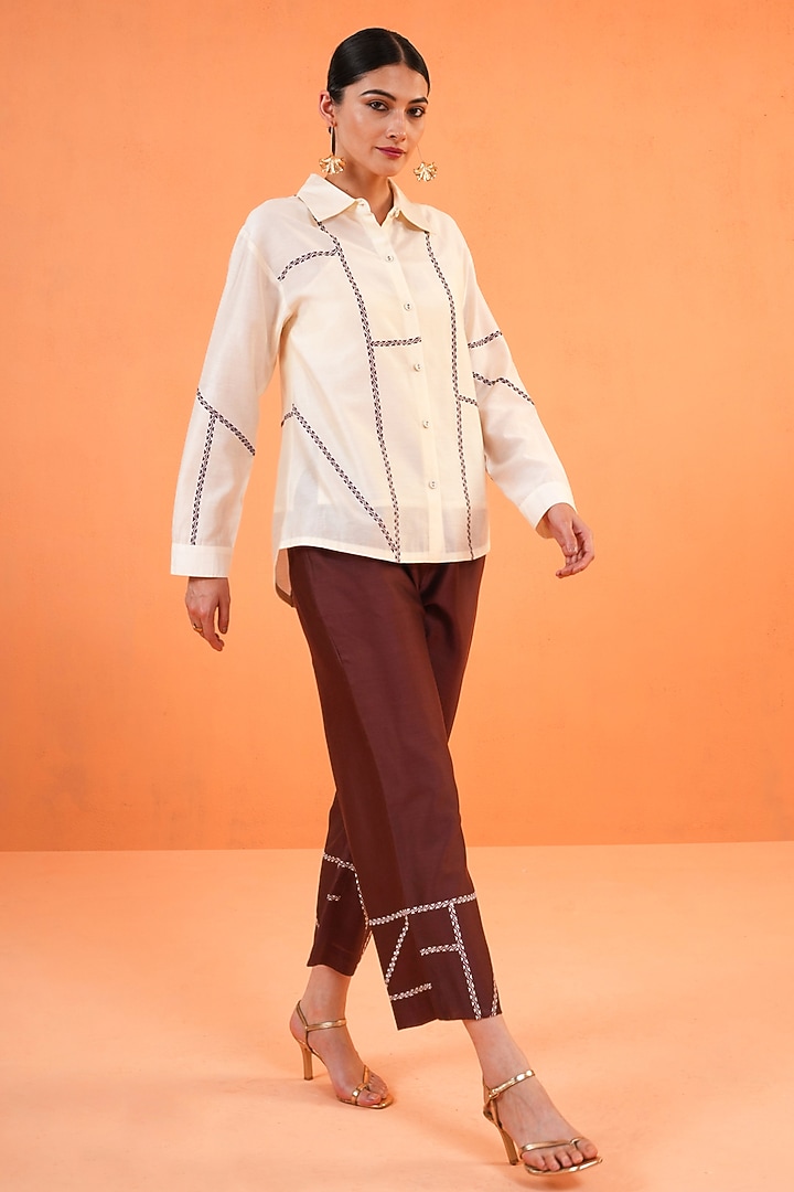Brown & Ivory Chanderi Silk Embroidered Co-Ord Set by ORIGANI at Pernia's Pop Up Shop