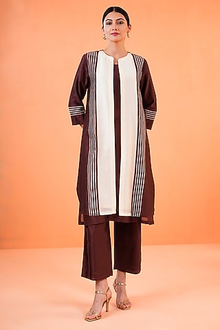 Brown & Ivory Chanderi Silk Embroidered Jacket Set by ORIGANI