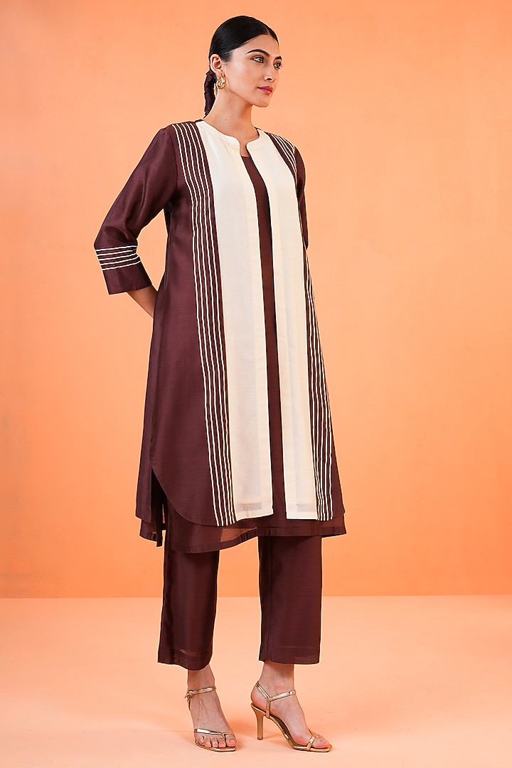 Brown & Ivory Chanderi Silk Embroidered Jacket Set by ORIGANI at Pernia's Pop Up Shop