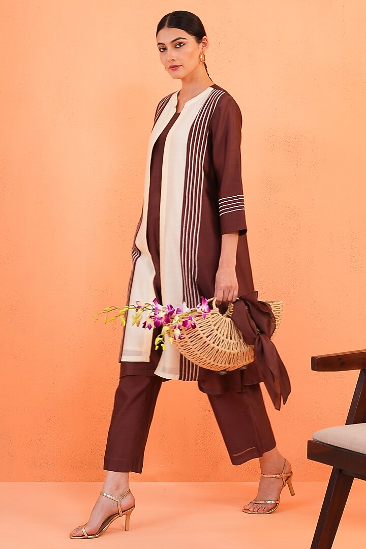 Brown & Ivory Chanderi Silk Embroidered Jacket Set by ORIGANI at Pernia's Pop Up Shop