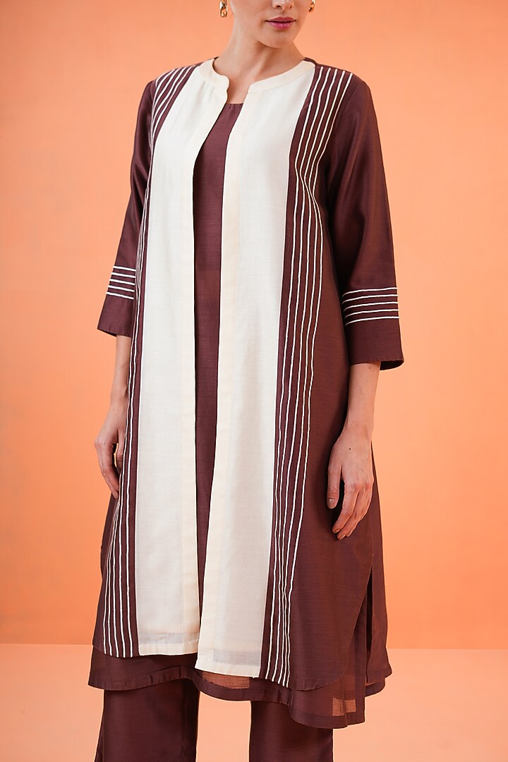 Brown & Ivory Chanderi Silk Embroidered Jacket Set by ORIGANI at Pernia's Pop Up Shop