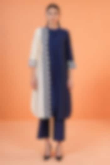 Blue & Ivory Chanderi Silk Embroidered Kurta Set by ORIGANI at Pernia's Pop Up Shop