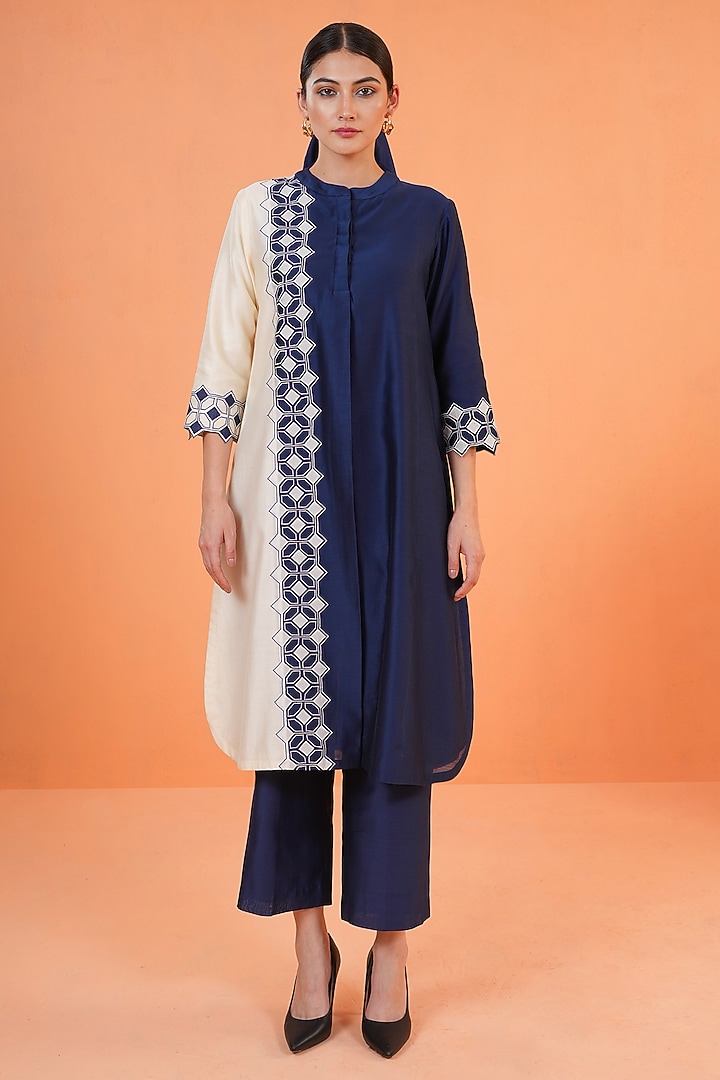 Blue & Ivory Chanderi Silk Embroidered Kurta Set by ORIGANI at Pernia's Pop Up Shop
