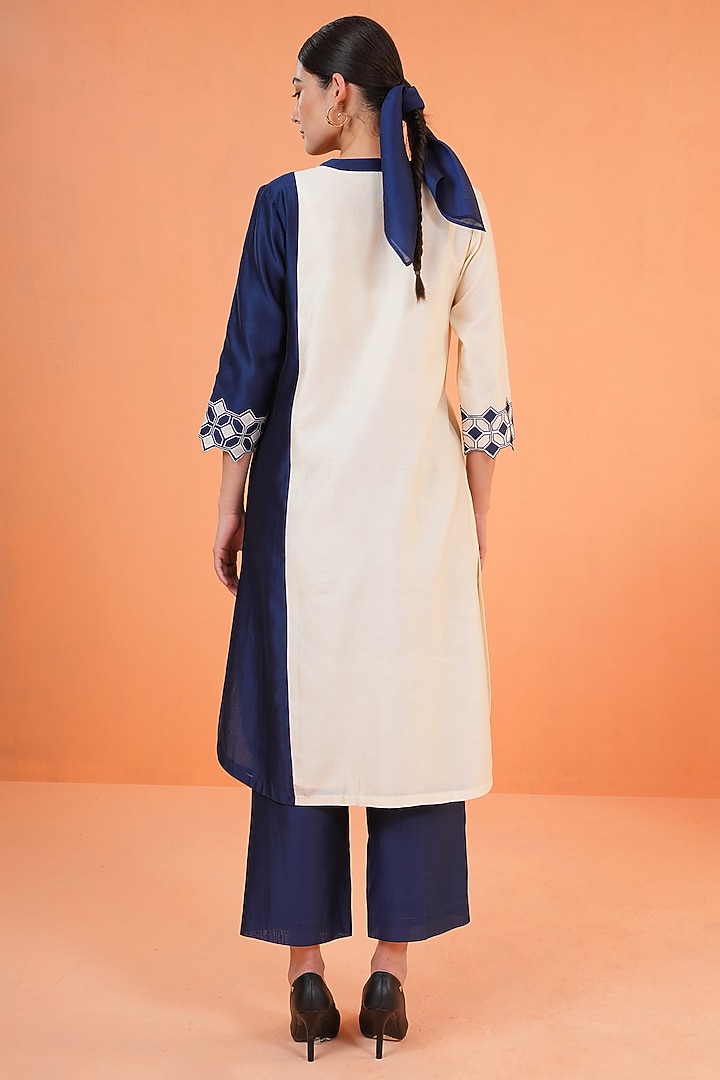 Blue & Ivory Chanderi Silk Embroidered Kurta Set by ORIGANI at Pernia's Pop Up Shop
