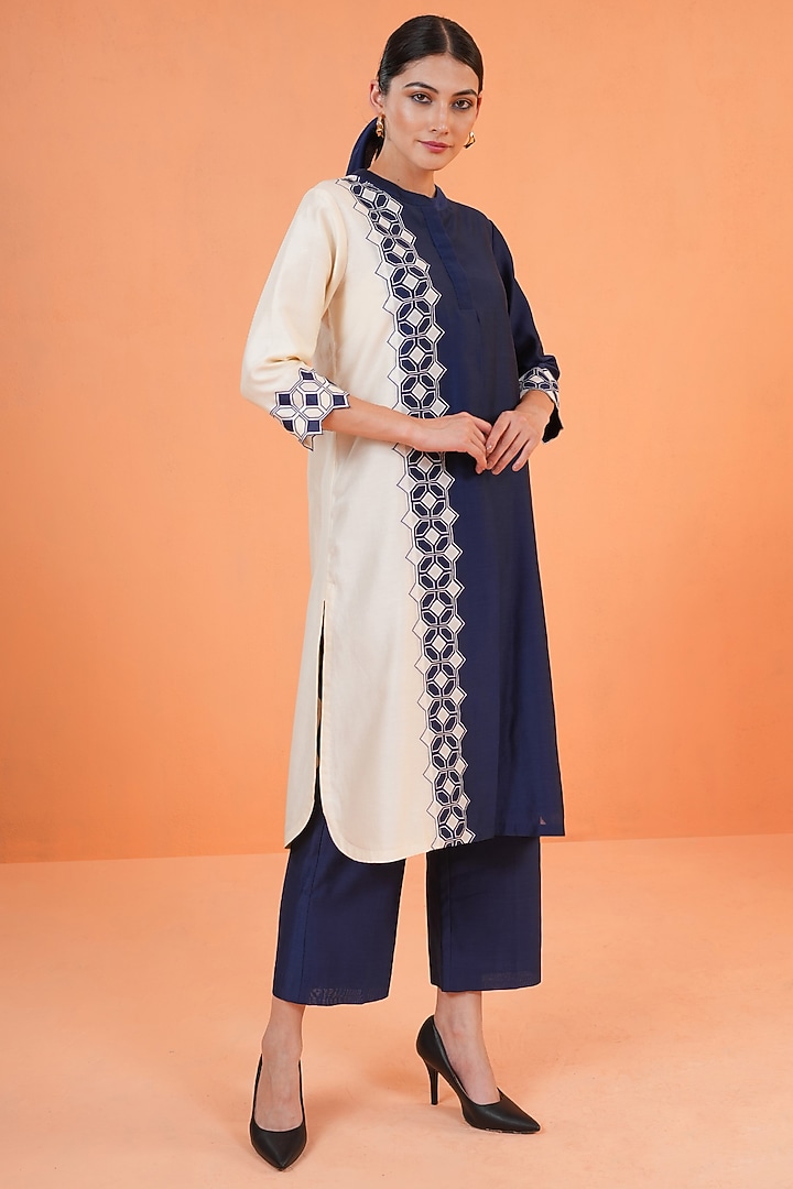 Blue & Ivory Chanderi Silk Embroidered Kurta Set by ORIGANI at Pernia's Pop Up Shop