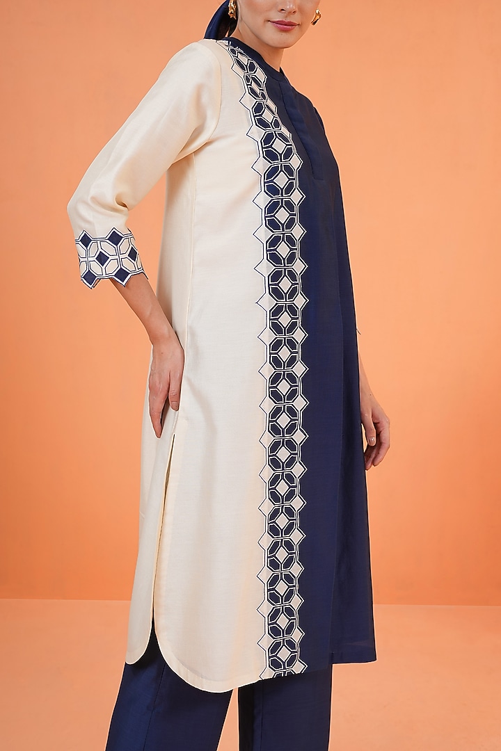 Blue & Ivory Chanderi Silk Embroidered Kurta Set by ORIGANI at Pernia's Pop Up Shop
