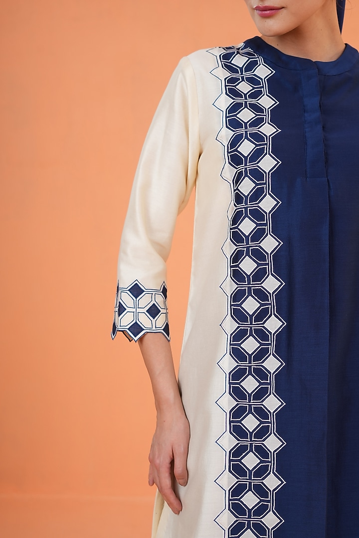 Blue & Ivory Chanderi Silk Embroidered Kurta Set by ORIGANI at Pernia's Pop Up Shop