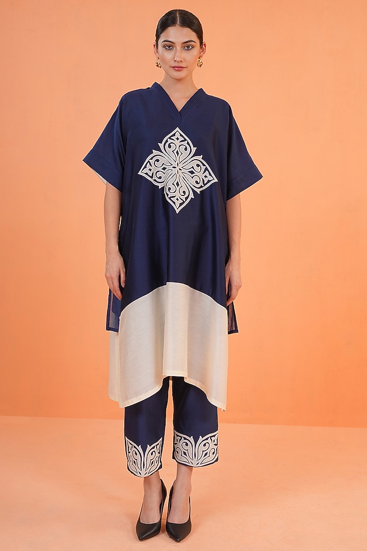 Blue & Ivory Chanderi Silk Embroidered Kurta Set by ORIGANI at Pernia's Pop Up Shop