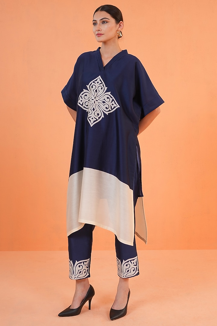 Blue & Ivory Chanderi Silk Embroidered Kurta Set by ORIGANI at Pernia's Pop Up Shop