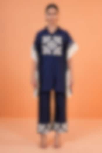 Blue & Ivory Chanderi Silk Embroidered Tunic Set by ORIGANI at Pernia's Pop Up Shop