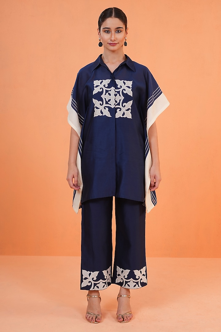 Blue & Ivory Chanderi Silk Embroidered Tunic Set by ORIGANI at Pernia's Pop Up Shop