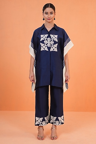 Blue & Ivory Chanderi Silk Embroidered Tunic Set by ORIGANI