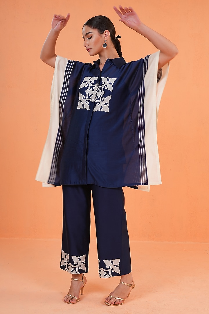 Blue & Ivory Chanderi Silk Embroidered Tunic Set by ORIGANI at Pernia's Pop Up Shop
