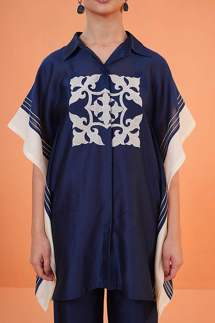 Blue & Ivory Chanderi Silk Embroidered Tunic Set by ORIGANI at Pernia's Pop Up Shop