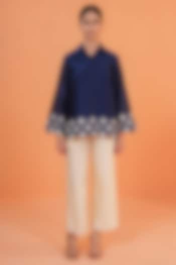 Blue & Ivory Chanderi Silk Embroidered Co-Ord Set by ORIGANI at Pernia's Pop Up Shop