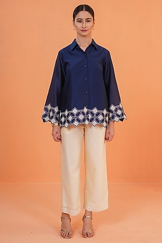 Blue & Ivory Chanderi Silk Embroidered Co-Ord Set by ORIGANI