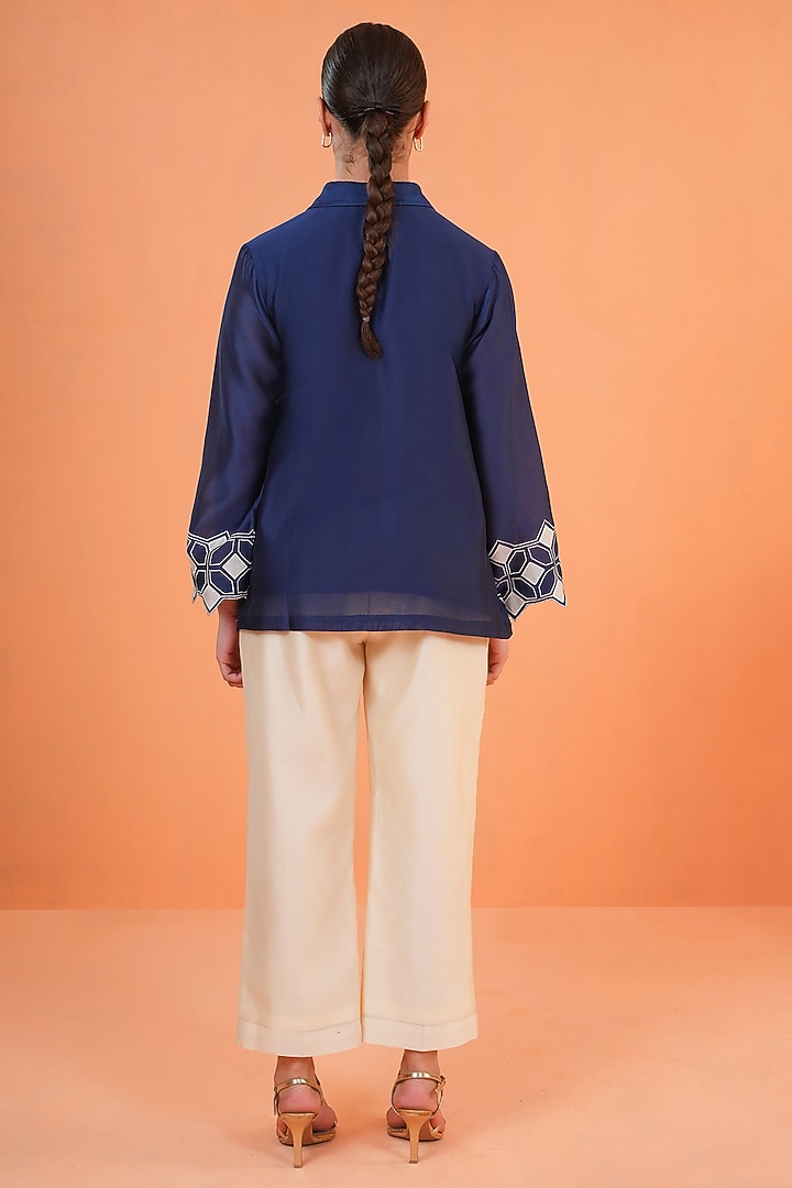 Blue & Ivory Chanderi Silk Embroidered Co-Ord Set by ORIGANI at Pernia's Pop Up Shop