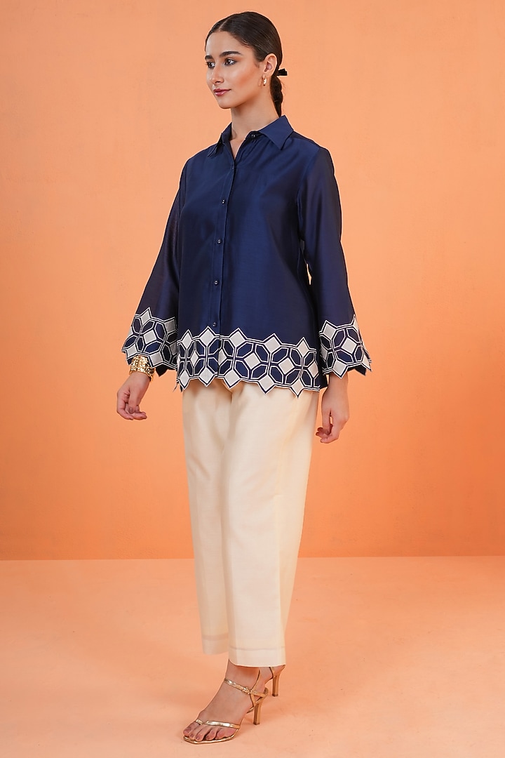 Blue & Ivory Chanderi Silk Embroidered Co-Ord Set by ORIGANI at Pernia's Pop Up Shop