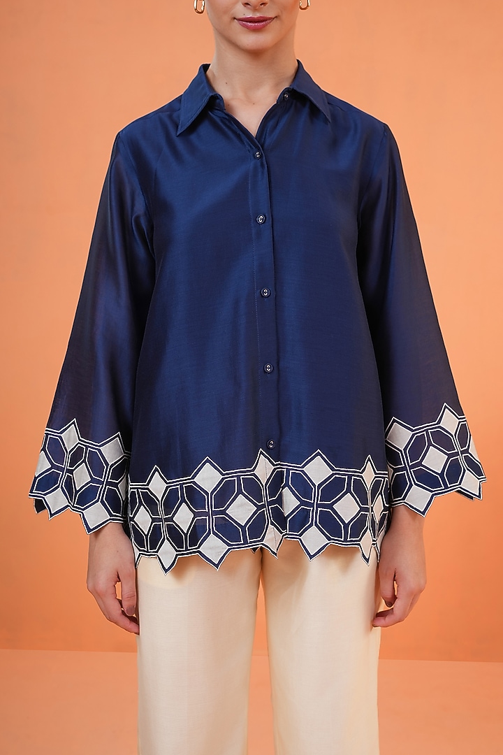 Blue & Ivory Chanderi Silk Embroidered Co-Ord Set by ORIGANI at Pernia's Pop Up Shop