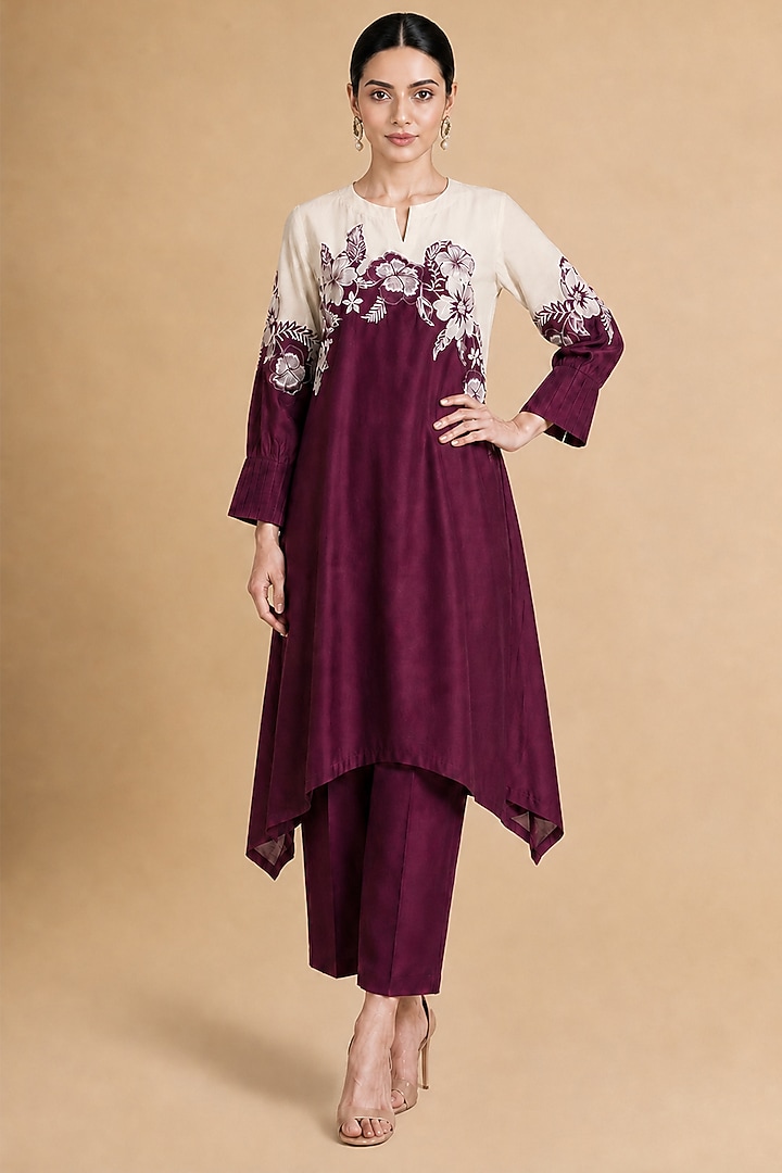 Burgundy Chanderi Silk Color-Blocked Straight Kurta Set by ORIGANI at Pernia's Pop Up Shop