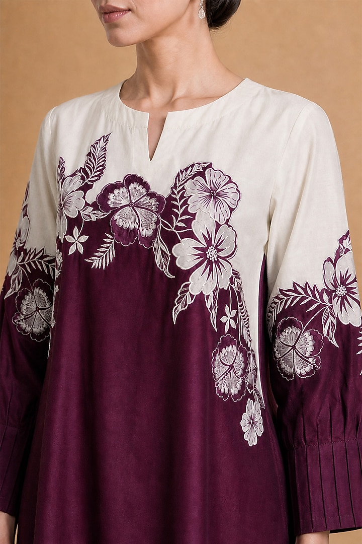 Burgundy Chanderi Silk Color-Blocked Straight Kurta Set by ORIGANI at Pernia's Pop Up Shop