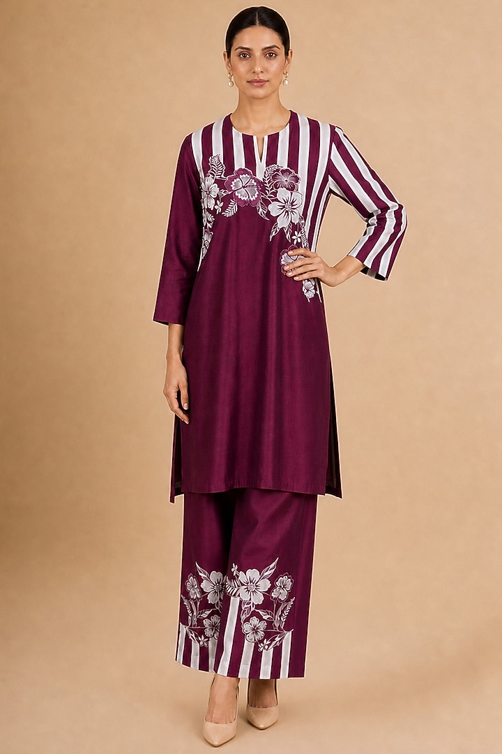 Burgundy Chanderi Silk Striped Kurta Set by ORIGANI at Pernia's Pop Up Shop