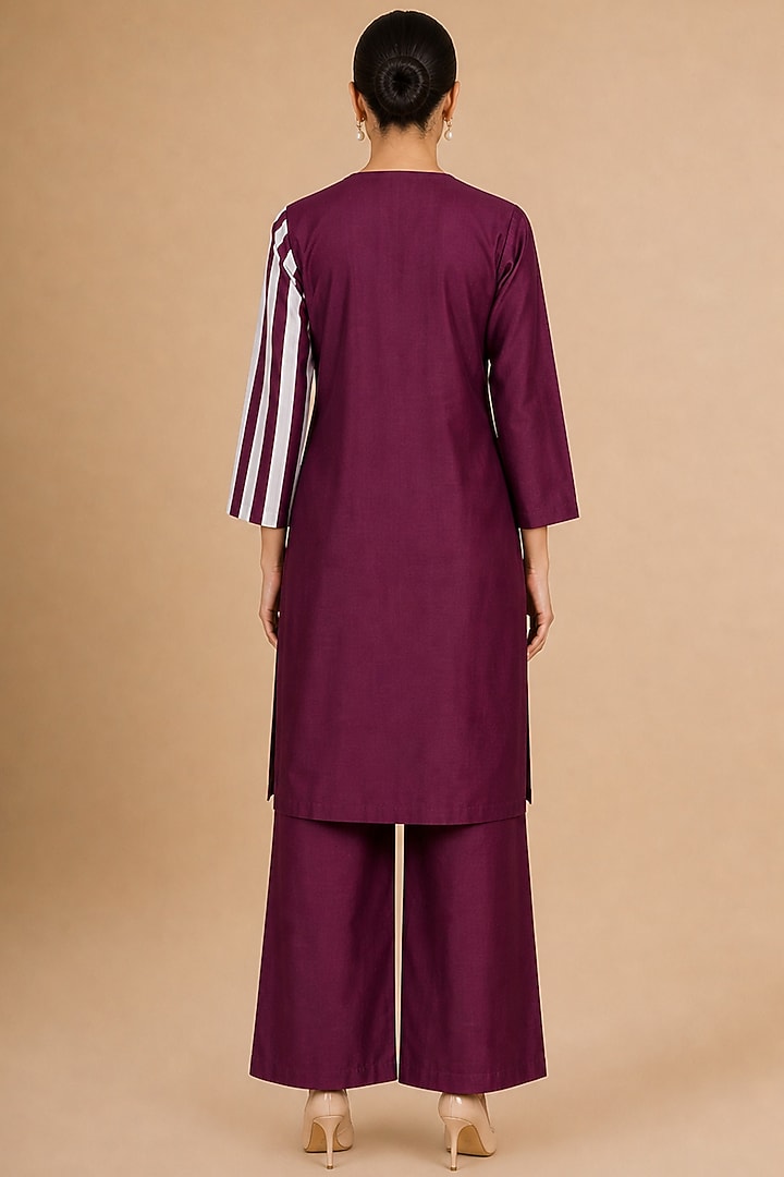 Burgundy Chanderi Silk Striped Kurta Set by ORIGANI at Pernia's Pop Up Shop