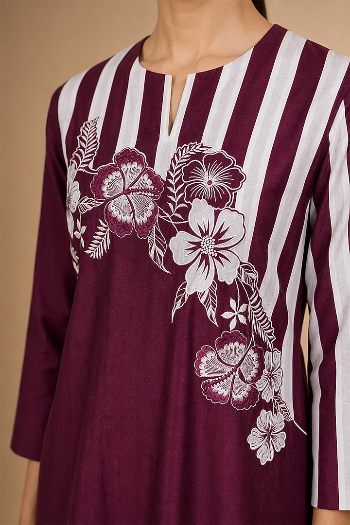 Burgundy Chanderi Silk Striped Kurta Set by ORIGANI at Pernia's Pop Up Shop
