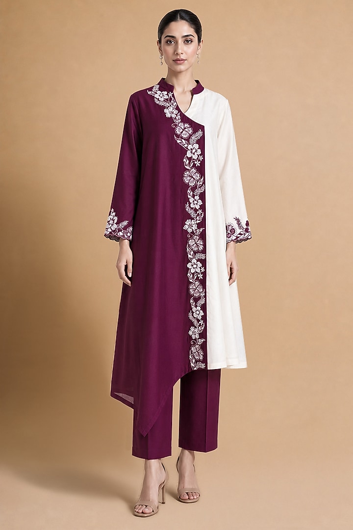 Burgundy Chanderi Silk Color-Blocked Asymmetrical Kurta Set by ORIGANI at Pernia's Pop Up Shop