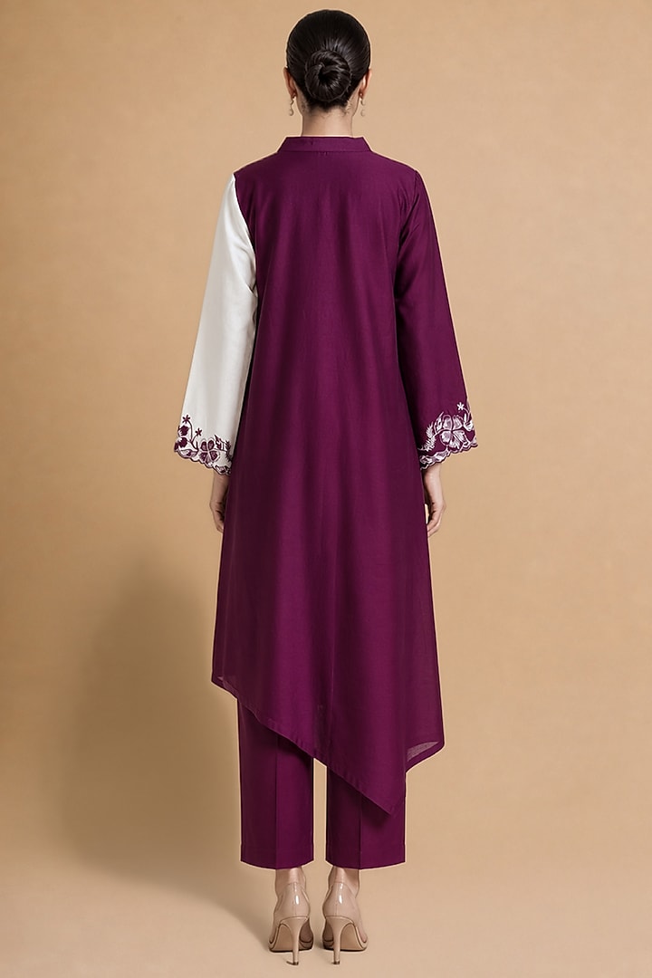 Burgundy Chanderi Silk Color-Blocked Asymmetrical Kurta Set by ORIGANI at Pernia's Pop Up Shop