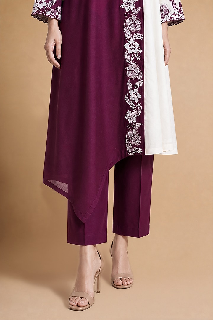 Burgundy Chanderi Silk Color-Blocked Asymmetrical Kurta Set by ORIGANI at Pernia's Pop Up Shop